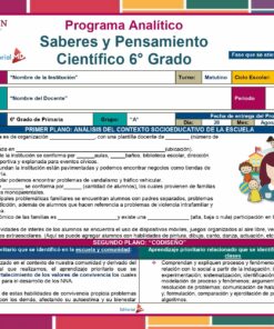 Una página del currículo educativo para 6° Grado de ciencias y pensamiento crítico. Incluye secciones para escuela, nombre del maestro y año escolar. El Programa Analítico Primaria 6° Grado (Todos los Campos Formativos) 2023 - 2024 está dividido en varios temas y objetivos, con íconos relevantes e ilustraciones de niños en la parte inferior.