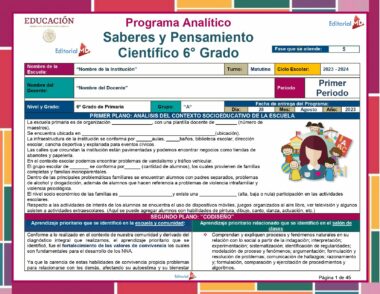 Una página del currículo educativo para 6° Grado de ciencias y pensamiento crítico. Incluye secciones para escuela, nombre del maestro y año escolar. El Programa Analítico Primaria 6° Grado (Todos los Campos Formativos) 2023 - 2024 está dividido en varios temas y objetivos, con íconos relevantes e ilustraciones de niños en la parte inferior.