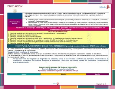 Un documento educativo codificado por colores describe estrategias y metodologías para el enfoque de una escuela al contenido de las materias. Incluye Programa Analítico Primaria 6° Grado (Todos los Campos Formativos) 2023 - 2024, con tablas y textos para planificación y sesiones de aprendizaje en Campos Formativos. El documento tiene logotipos, encabezados y secciones resaltadas.