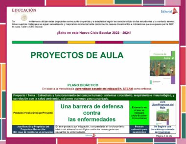 Un folleto digital que promueve proyectos de aula para el nuevo ciclo escolar 2023-2024, que presenta recursos educativos y descripciones de proyectos centrados en STEM y el cuidado del medio ambiente. Incluye cuadros de texto coloridos, imágenes de libros, un encabezado de Editorial MD y detalles alineados con el Programa Analítico Primaria 6° Grado (Todos los Campos Formativos) 2023 - 2024.