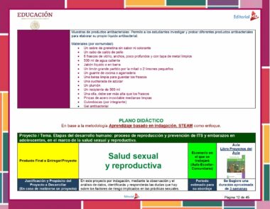 Un documento digital que muestra un plan educativo para el **Programa Analítico Primaria 6° Grado (Todos los Campos Formativos) 2023 - 2024**. Incluye secciones sobre aprendizaje basado en STEAM, un proyecto sobre procesos de desarrollo humano y educación en salud sexual y reproductiva para adolescentes. Se detallan tareas, objetivos y justificaciones para las investigaciones de los estudiantes dentro del marco de Campos Formativos.