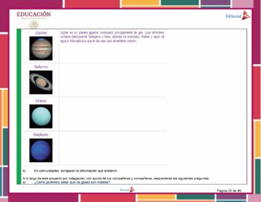 Una página de hoja de trabajo para **Programa Analítico Primaria 6° Grado (Todos los Campos Formativos) 2023 - 2024** con imágenes y descripciones de cuatro planetas (Júpiter, Saturno, Urano, Neptuno). Incluye preguntas sobre cómo comparar información e identificar los gases en estos planetas. Titulado "EDUCACIÓN" y marcado como página 25 de 45, se alinea con Campos Formativos en el Programa Analítico.