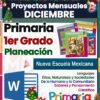 Imagen educativa con temática festiva que promueve los proyectos mensuales de diciembre para primer grado. Incluye temas como ética, naturaleza, comunidad, conocimiento y ciencia, con un enfoque en la Nueva Escuela Mexicana. Incluye un ícono de documento de Word.