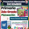 Gráfico de temática festiva que promueve proyectos mensuales para diciembre, específicamente para el segundo grado de educación primaria en México. El texto destaca proyectos escolares, planificación y temas curriculares como ética, naturaleza y más. Incluye un ícono de documento de Word.