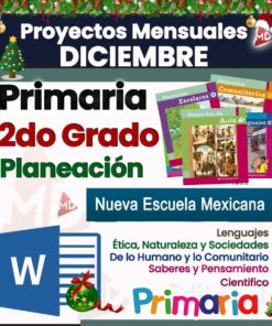 Gráfico de temática festiva que promueve proyectos mensuales para diciembre, específicamente para el segundo grado de educación primaria en México. El texto destaca proyectos escolares, planificación y temas curriculares como ética, naturaleza y más. Incluye un ícono de documento de Word.