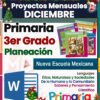 Folleto educativo con temática festiva para diciembre, que incluye una guía de planificación para el tercer grado en la "Nueva Escuela Mexicana". Incluye portadas de libros coloridas y se centra en la ética, la naturaleza, la sociedad, la comunidad, el conocimiento y los proyectos científicos.