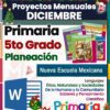 Anuncio festivo de una guía de planificación de proyectos para quinto grado en diciembre. Entre los aspectos más destacados se incluyen programas educativos mexicanos sobre ética, naturaleza, comunidad y lenguaje. Incluye libros coloridos y un ícono de Microsoft Word.