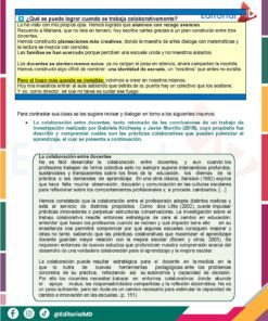 Un editorial en español con recuadros de texto a todo color habla del trabajo colaborativo en las escuelas, destacando el aprendizaje conjunto entre alumnos, profesores y familias, con un borde de lápiz multicolor e iconos de engranajes y personas.