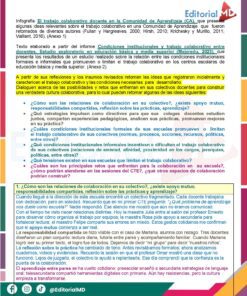 Infografía en español con texto sobre la enseñanza colaborativa en comunidades de aprendizaje, que cita investigaciones clave y presenta resultados de estudios. El diseño utiliza recuadros de colores y resaltados para dar énfasis, con logotipos y bordes decorativos.