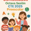 Ilustración de una maestra con cuatro niños de preescolar en un aula, sosteniendo libros y lápices con iconos educativos. Texto: «Productos Contestados Octava Sesión CTE 2025 Preescolar».