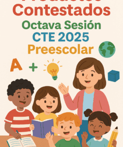 Ilustración de una maestra con cuatro niños de preescolar en un aula, sosteniendo libros y lápices con iconos educativos. Texto: «Productos Contestados Octava Sesión CTE 2025 Preescolar».