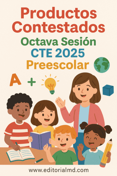 Ilustración de una maestra con cuatro niños de preescolar en un aula, sosteniendo libros y lápices con iconos educativos. Texto: «Productos Contestados Octava Sesión CTE 2025 Preescolar».
