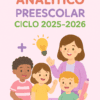 Ilustración de una profesora sonriente con tres preescolares diversos que sostienen un lápiz y una bombilla, mostrando el Programa Analítico Preescolar Ciclo 2025-2026 NEM sobre un fondo rosa con www.editorialmd.com.