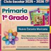 Cartel colorido para el programa analítico 2025-2026 para 1er grado en México, mostrando los libros de texto, el logotipo oficial y temas como idiomas, ética, ciencias, comunidad y desarrollo humano.