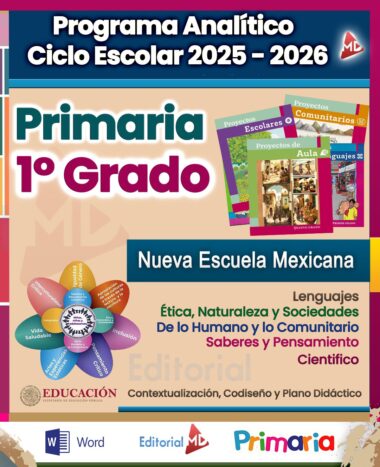 Cartel colorido para el programa analítico 2025-2026 para 1er grado en México, mostrando los libros de texto, el logotipo oficial y temas como idiomas, ética, ciencias, comunidad y desarrollo humano.