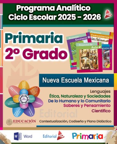 Imagen de portada para el plan de estudios 2025-2026 de segundo grado de primaria en México, que muestra coloridos libros de texto, detalles del programa, temas educativos, un diagrama circular y logotipos de la SEP y Editorial MD.