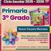 Cartel colorido para el plan de estudios 2025-2026 de 3er grado en México, mostrando libros del programa, un diagrama circular y texto destacando temas como ética, lenguaje, ciencia y comunidad. Logotipos de Word, Editorial MD y Primaria.