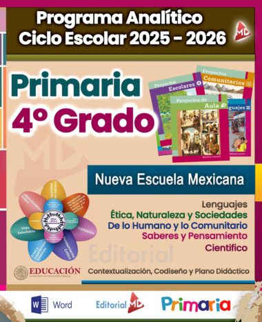 Colorido póster para el plan de estudios de 4º de primaria del curso escolar 2025-2026 en México, con libros de texto, una rueda temática y asignaturas clave como idiomas, ética, ciencias y proyectos comunitarios.