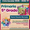 Portada del "Programa Analítico Ciclo Escolar 2025-2026" para 5º grado, con libros de colores, un diagrama didáctico circular y texto sobre las asignaturas del programa Nueva Escuela Mexicana.
