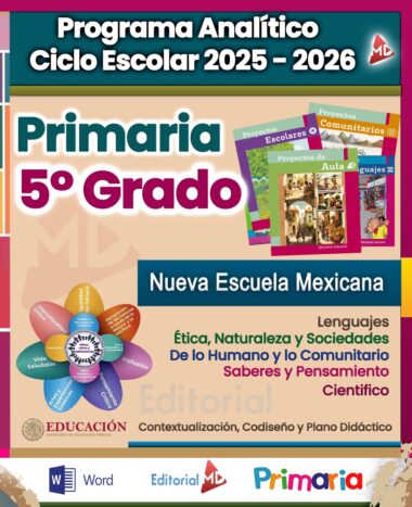 Portada del "Programa Analítico Ciclo Escolar 2025-2026" para 5º grado, con libros de colores, un diagrama didáctico circular y texto sobre las asignaturas del programa Nueva Escuela Mexicana.
