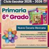 Colorido cartel educativo en español para el plan de estudios de sexto grado de primaria (2025-2026), con libros de texto, un cuadro de competencias en forma de flor y texto sobre la Nueva Escuela Mexicana y las principales áreas de estudio.