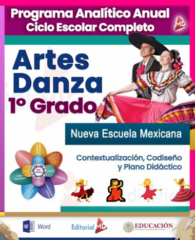 Portada del "Programa Analítico NEM Artes DANZA 1° Grado" para Ciclo Escolar 2024 – 2025, mostrando a una pareja con atuendo de danza tradicional mexicana. El diseño enfatiza la "Nueva Escuela Mexicana" con íconos vibrantes en todas partes. Los logotipos aparecen en la parte inferior.