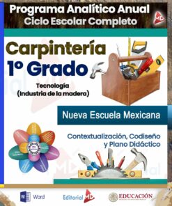 Póster educativo para un plan de estudios de carpintería y tecnología de primer grado, que presenta varias herramientas para trabajar la madera y un diagrama de plan didáctico colorido, con logotipos de editoriales y organizaciones educativas.