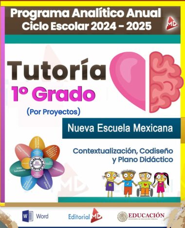 Folleto de “Tutoría 1er Grado (Por Proyectos)” del Programa Analítico Anual para el Ciclo Escolar 2024-2025. Presenta un gráfico de corazón y cerebro de color rosa, una sección azul titulada "Nueva Escuela Mexicana", dibujos animados de niños y varios logotipos.