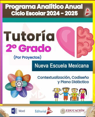 Imagen de portada del documento titulado “Programa Analítico Anual Ciclo Escolar 2024 - 2025” para la Tutoría de 2do Grado (por Proyectos) en el currículo de la Escuela Nueva Mexicana. Presenta un cerebro de dibujos animados, un diagrama colorido e ilustraciones de cuatro niños en la parte inferior.