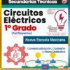Portada de un libro de texto de nivel medio técnico titulado "Programa Analítico Tecnología Circuitos Eléctricos 1° (NEM 2024 – 2025) 1er Trimestre", con logotipos, ilustraciones de engranajes y gráficos de circuitos enfocados en la tecnología. Asociado a Nueva Escuela Mexicana y producido por Editorial MD.