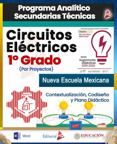 Portada de un libro de texto de nivel medio técnico titulado "Programa Analítico Tecnología Circuitos Eléctricos 1° (NEM 2024 – 2025) 1er Trimestre", con logotipos, ilustraciones de engranajes y gráficos de circuitos enfocados en la tecnología. Asociado a Nueva Escuela Mexicana y producido por Editorial MD.