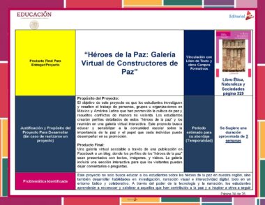 Un recurso educativo titulado "Programa Analítico de Formación Cívica y Ética 3° Grado NEM Ciclo Escolar 2024 – 2025" que presenta un colorido cartel llamado "Héroes de la Paz: Galería Virtual de Constructores de Paz". Incluye una propuesta de proyecto con secciones que cubren justificación, propósito, actividades y criterios de evaluación en español.