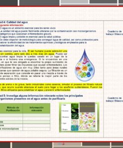 Una página educativa en español, como parte de un Proyecto Escolar de Ciencias, analiza la calidad del agua y las funciones esenciales del agua para la vida. Incluye instrucciones de actividades, imágenes de una gota de agua y un microscopio, y cubre temas como métodos de purificación con un Proyecto Escolar de Ciencias Filtro Purificador de Agua (Programa Analítico Desarrollado), bacterias, virus, algas y microorganismos.