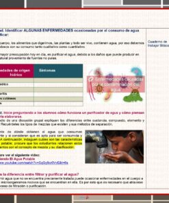 Un documento educativo sobre la purificación del agua. Incluye una tabla que enumera las enfermedades causadas por el consumo de agua no tratada y sus síntomas, una actividad para los estudiantes sobre la purificación del agua y una imagen de agua contaminada. La página es del 