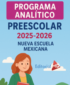 Ilustración de una mujer pelirroja sosteniendo un libro bajo el texto: "Programa Analítico Preescolar 2025-2026 | Nueva Escuela Mexicana", con cielo azul, nubes y vegetación. Perfecto para recursos educativos Preescolar 2025-2026.