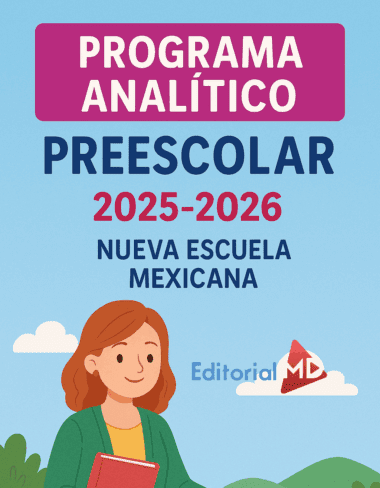 Ilustración de una mujer pelirroja sosteniendo un libro bajo el texto: "Programa Analítico Preescolar 2025-2026 | Nueva Escuela Mexicana", con cielo azul, nubes y vegetación. Perfecto para recursos educativos Preescolar 2025-2026.