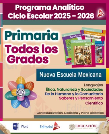 Colorido cartel educativo en español para el ciclo escolar 2025-2026, en el que se destaca el programa de primaria para todos los grados, "Nueva Escuela Mexicana", y materias como lenguaje, ética, ciencias y aprendizaje comunitario.