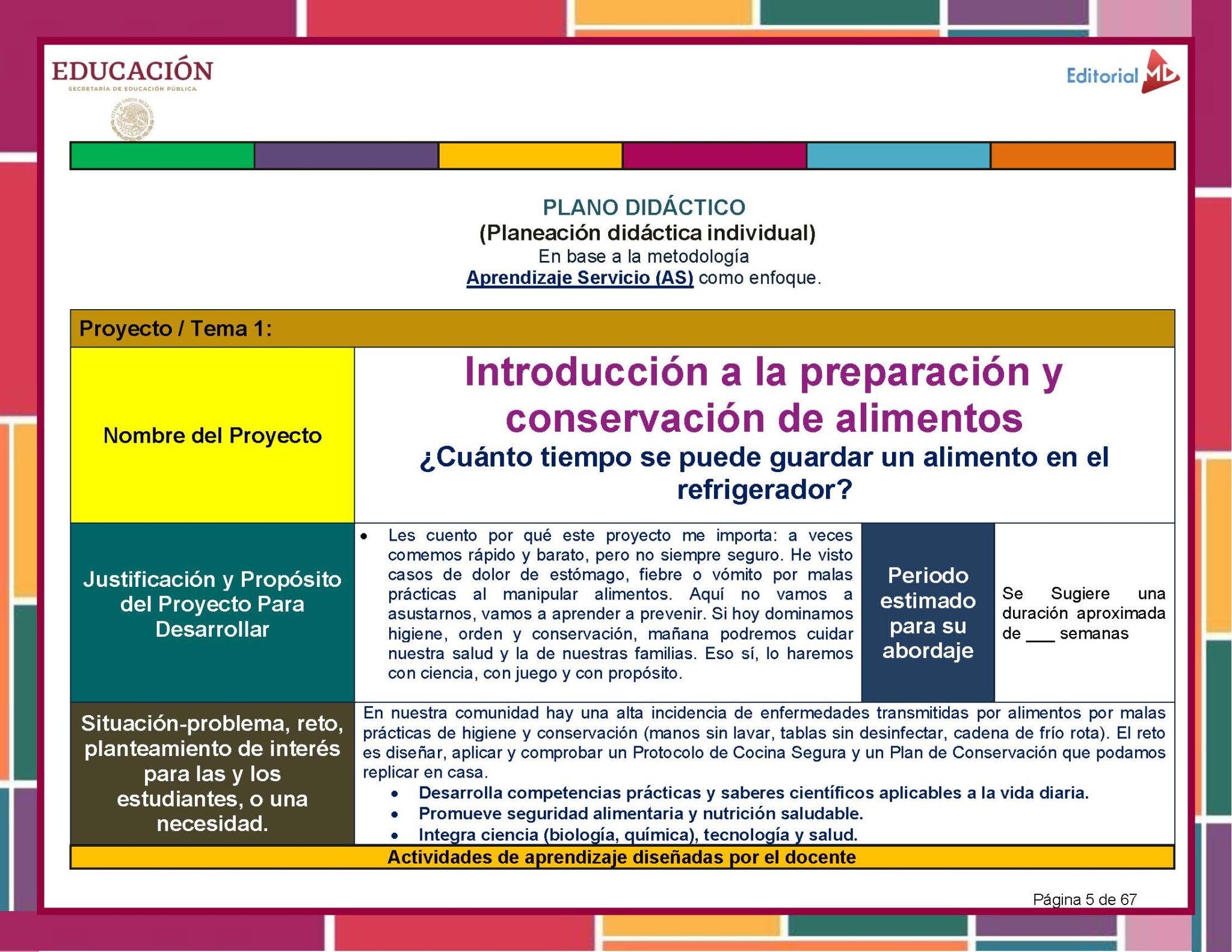Programa Analítico Tecnología Conservación Alimentos 1° Grado SECUNDARIA (NEM 2025 – 2026) 10 Una colorida diapositiva educativa esboza un plan de clase sobre la preparación y conservación de alimentos, centrándose en cuánto tiempo duran los alimentos en un frigorífico. Incluye información sobre el proyecto, justificación y consejos sobre la duración sugerida para el almacenamiento de alimentos.
