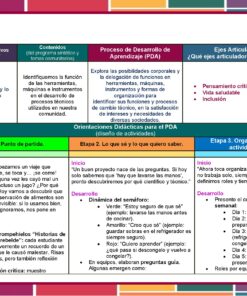 Programa Analítico Tecnología Conservación Alimentos 1° Grado SECUNDARIA (NEM 2025 – 2026) 22 Tabla de planificación educativa: campos de formación, contenidos, etapas del proceso de aprendizaje, ejes articuladores y orientaciones didácticas para la educación inicial, incluyendo actividades específicas para cada etapa.