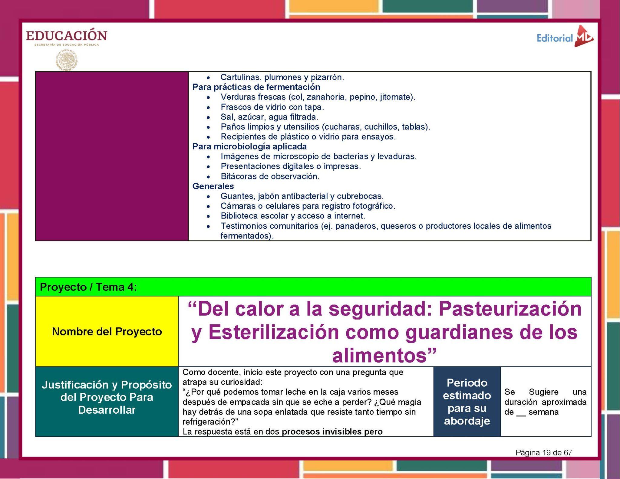 Programa Analítico Tecnología Conservación Alimentos 1° Grado SECUNDARIA (NEM 2025 – 2026) 9 Una plantilla de proyecto en español sobre "Pasteurización y esterilización como guardianes de la seguridad alimentaria" con secciones para el nombre del proyecto, la justificación y orientaciones sobre el alcance del proyecto y el tiempo de trabajo estimado.