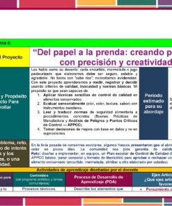 Programa Analítico Tecnología Conservación Alimentos 1° Grado SECUNDARIA (NEM 2025 – 2026) 18 Colorida diapositiva educativa en español en la que se esboza un proyecto sobre patrones de confección de prendas de vestir, incluyendo el nombre del proyecto, los objetivos, la justificación, los resultados del aprendizaje, los conceptos clave y el enfoque sugerido, con recuadros y texto resaltado.
