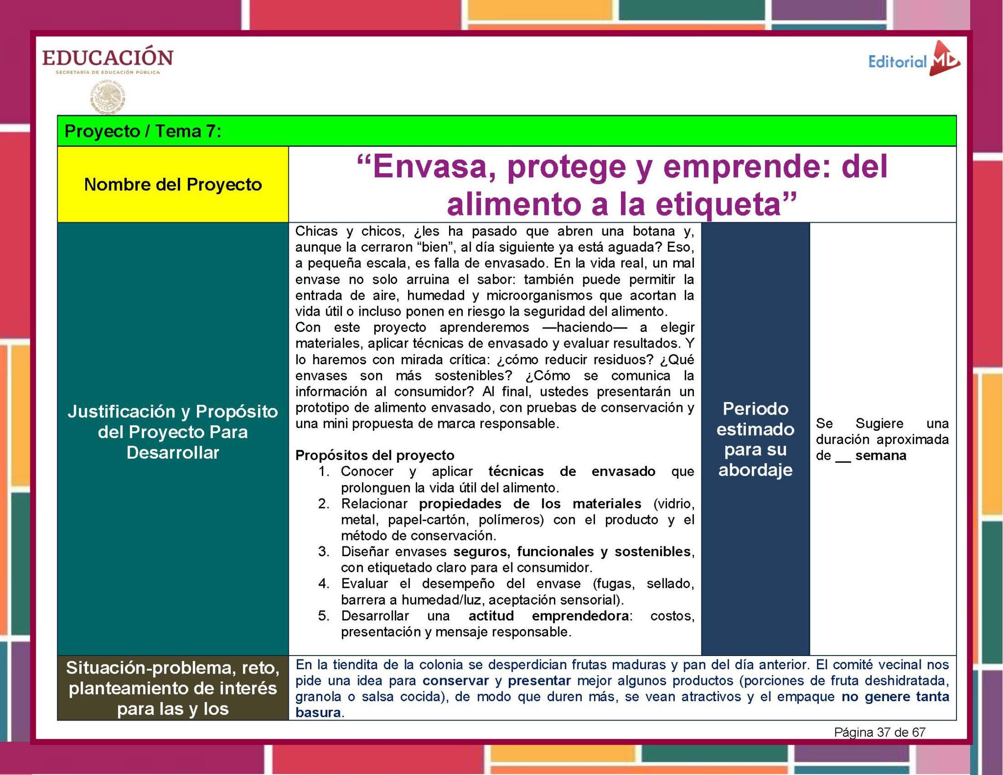 Programa Analítico Tecnología Conservación Alimentos 1° Grado SECUNDARIA (NEM 2025 – 2026) 5 Plantilla en español para la planificación de un proyecto de conservación de alimentos e iniciativa empresarial, con secciones para el nombre del proyecto, la justificación, los objetivos, el calendario y el enfoque didáctico, todo ello codificado por colores verde, amarillo y azul.