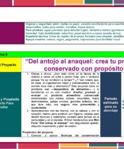 Programa Analítico Tecnología Conservación Alimentos 1° Grado SECUNDARIA (NEM 2025 – 2026) 14 Una vistosa plantilla de proyecto para una actividad educativa. Incluye secciones para el nombre del proyecto, la justificación y el propósito. El proyecto de ejemplo trata de la creación de un producto alimenticio en conserva. La plantilla presenta recuadros en amarillo y verde.