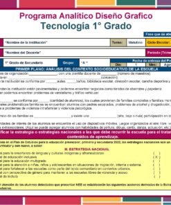 Un colorido documento educativo para el análisis del plan de estudios de tecnología de primer grado, con campos de texto para información sobre el centro y el profesor, un gran cuadro de texto introductorio y énfasis en la inclusión y la atención a los alumnos con necesidades especiales.