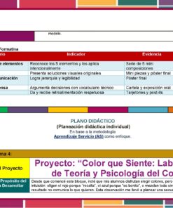 Una colorida tabla educativa que muestra criterios, indicadores, pruebas y niveles de logro para un plan de clase sobre teoría del color y psicología, con secciones resaltadas y una tabla que describe un proyecto titulado 