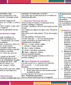 Una guía de actividades educativas en español muestra coloridas secciones numeradas, viñetas y consejos, centrados en el aprendizaje de los colores y las emociones a través de ejercicios en grupo y tareas creativas.