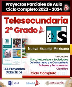 Cartel promocional de Planeaciones de Telesecundaria 2° Grado PLAN 2022 (Ciclo Completo), curso académico 2023-2024. Se destacan 144 proyectos didácticos y temas como idiomas, ética, naturaleza, estudios humanos y comunitarios, ciencias y pensamiento crítico según el PLAN 2022. Incluye logotipos de Editorial MD, Word y Ministerio de Educación.
