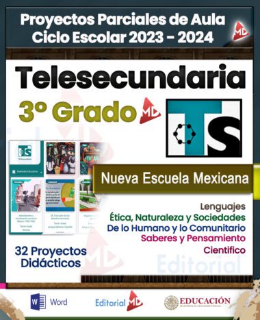 Imagen promocional de "Planeaciones de Telesecundaria Tercer Grado Ciclo 2023–2024 Plan 2022 (Primer Trimestre)" para el colegio secundario de Tercer Grado. Destaca "Nueva Escuela Mexicana" con proyectos en idiomas, ética, ciencias y más. Incluye 32 proyectos didácticos. Logotipos de Planeaciones de Telesecundaria, Word, Editorial MD y Secretaría de Educación Pública.