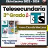 Un cartel educativo para el curso escolar 2023-2024. Destaca "Planeaciones de Telesecundaria 3° Grado PLAN 2022 (Ciclo Completo)" para 3° Grado Telesecundaria, que presenta 96 proyectos didácticos que abarcan ética, idiomas, ciencias, comunidad y más. Incluye logotipos de "Editorial MD" y "Educación". Ideal para Planeaciones de Telesecundaria bajo PLAN 202.