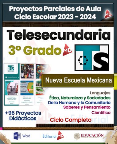 Un cartel educativo para el curso escolar 2023-2024. Destaca "Planeaciones de Telesecundaria 3° Grado PLAN 2022 (Ciclo Completo)" para 3° Grado Telesecundaria, que presenta 96 proyectos didácticos que abarcan ética, idiomas, ciencias, comunidad y más. Incluye logotipos de "Editorial MD" y "Educación". Ideal para Planeaciones de Telesecundaria bajo PLAN 202.